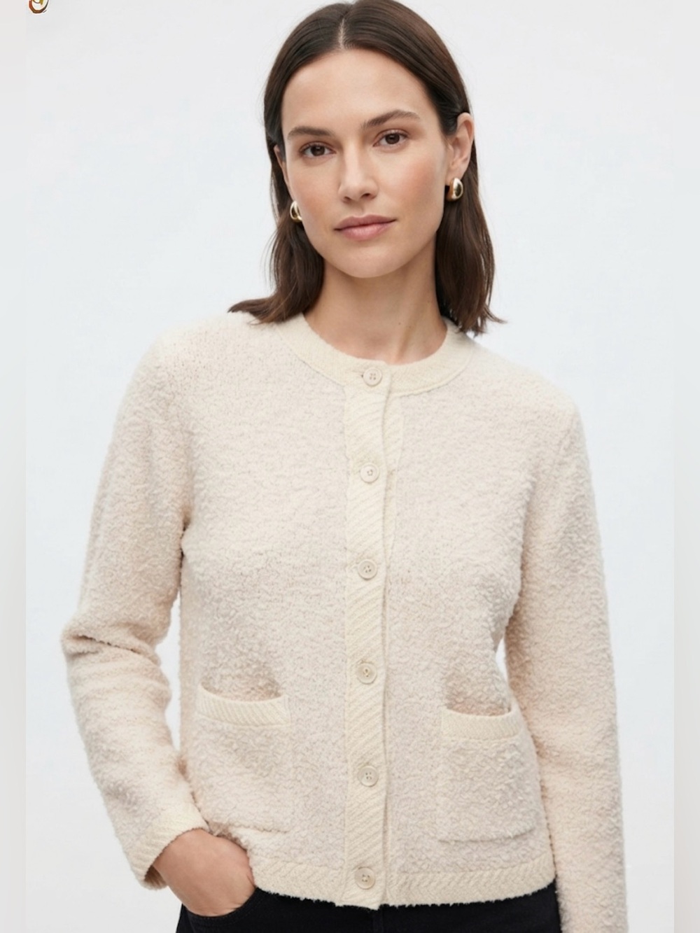 7 For All Mankind Wool Blend Knit Button-Front Cardigan Cream M NWT